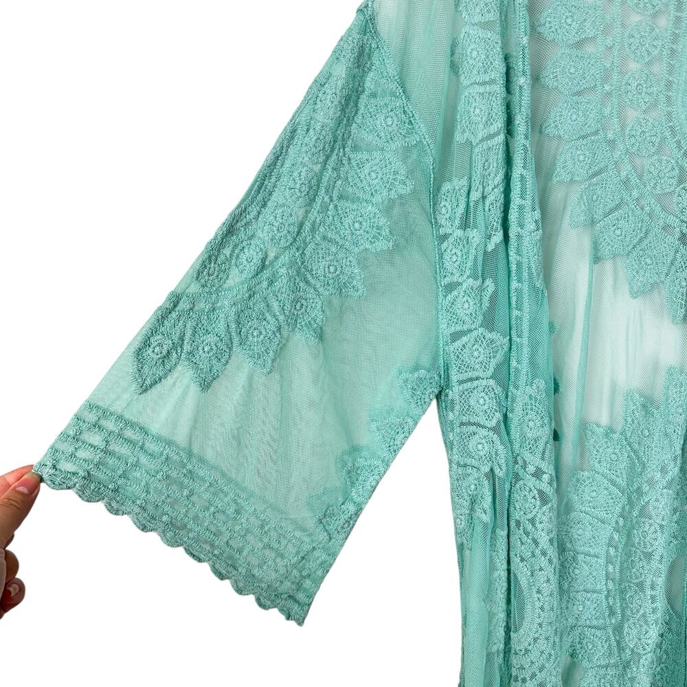 Rachel Zoe Embroidered Sheer Midi Kimono Turquoise One Size NWT Boho Festival - Picture 7 of 9
